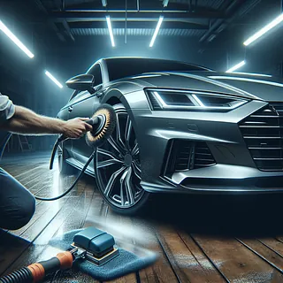 Realistic stock image of car being polished.